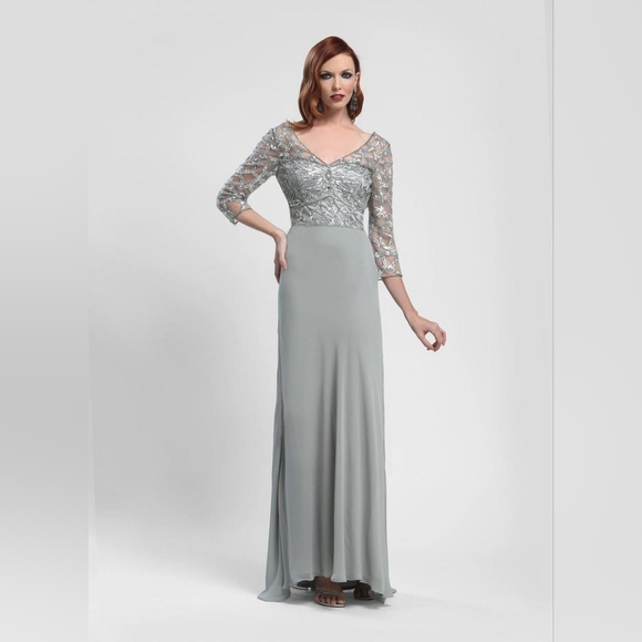 Sue Wong Sequined Elbow Mesh Sleeve V-Cut Neck Chiffon Dress